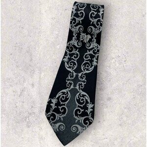 VERSACE Silk Tie ITALY XL Black Gray Baroque Logo W:3.7" EUC